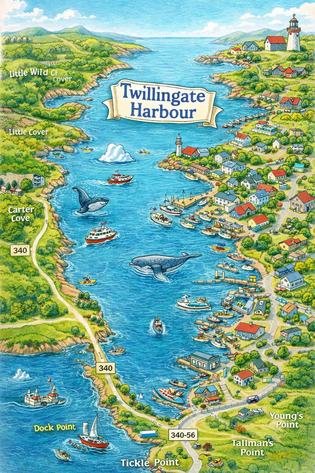 Caricature map of Twillingate Harbour (vertical orientation).